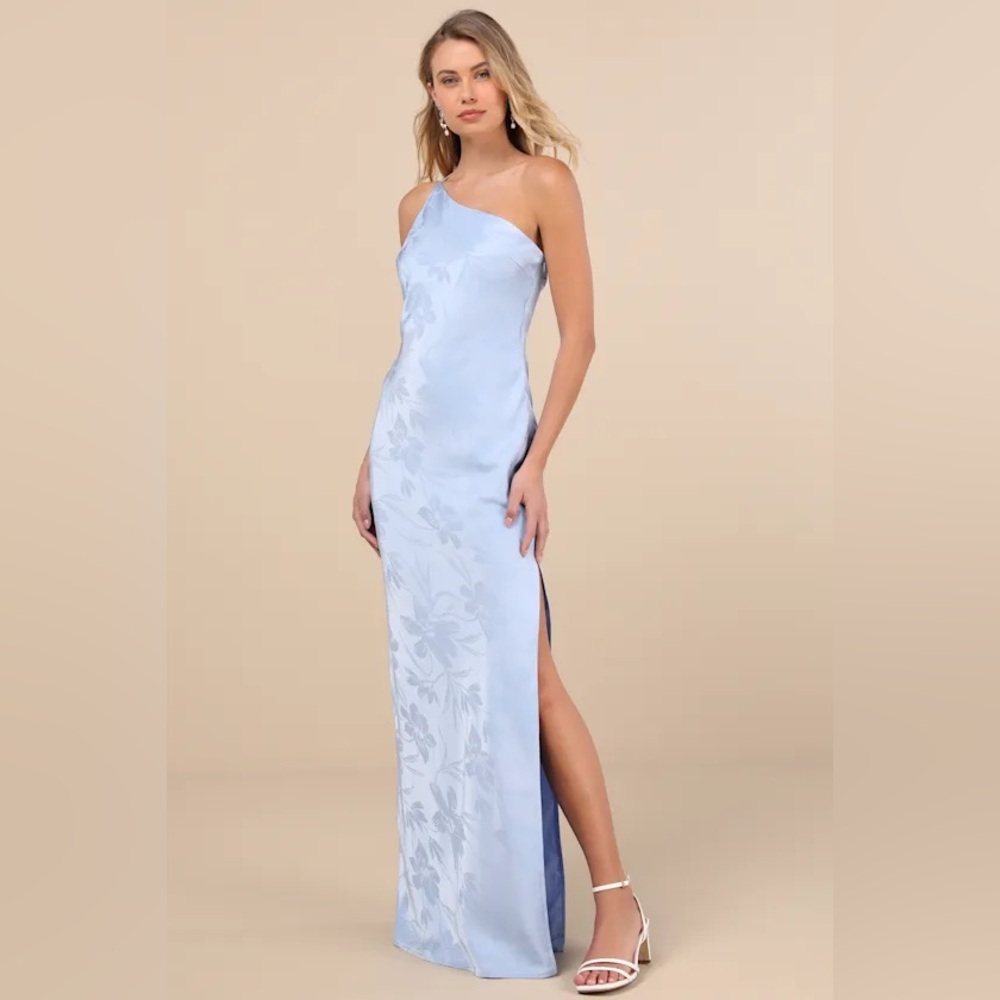 🆕 Nadra Light Blue Satin Jacquard One-Shoulder Maxi Dress